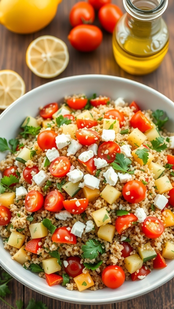 A colorful bowl of Mediterranean quinoa salad with tomatoes, cucumbers, parsley, and feta cheese, garnished with lemon vinaigrette.